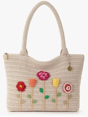 The Sak Crafted Classics Carryall Crochet Tote Floral Ecru Bag Boho Vegan NWT